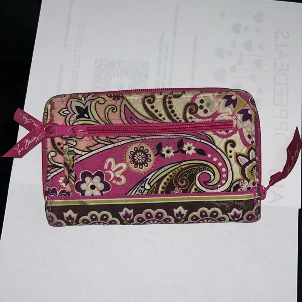 Vera Bradley Paisley Print Turn Lock Wallet – Burgundy, Pink & Green Floral - Picture 3 of 9